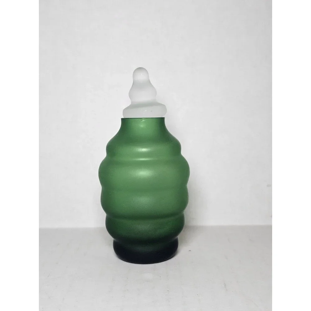 Set Of 2 Green Glass Apothecary Jars Ribbed Frosted